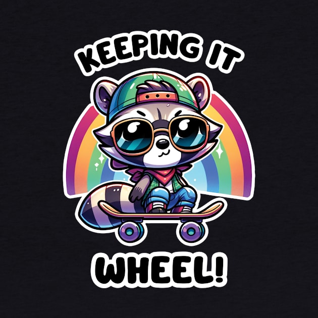 Keeping It Wheel! - Cute Skateboarding Raccoon With A Rainbow by TeeTopiaNovelty